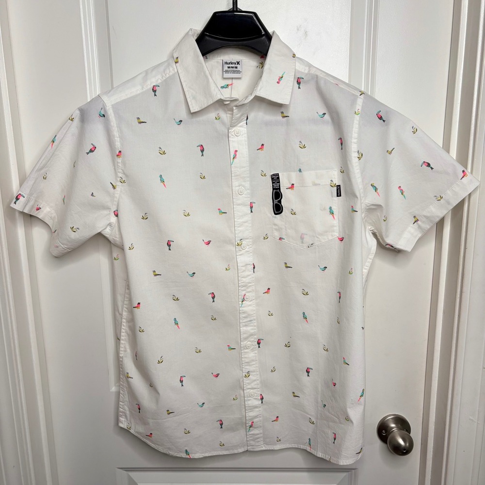Hurley Mens Tropical Bird Toucan Print Short Sleeve Button Down Shirt Medium NWT